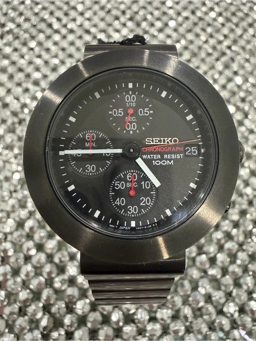 Seiko Black Dial Chronograph Watch with Red and White Accents